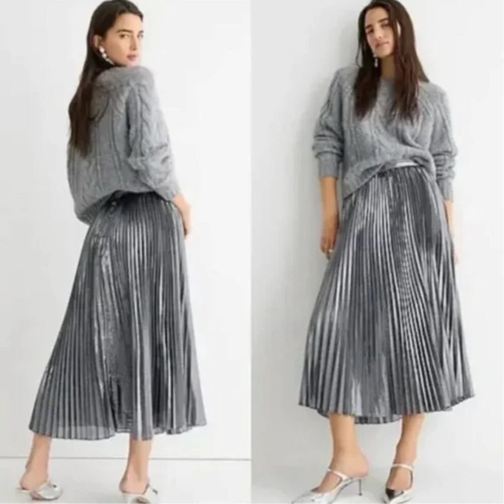 NWT J. Crew | Pleated Silver LamΓ© Midi Skirt Metallic Modern Party | Size 2